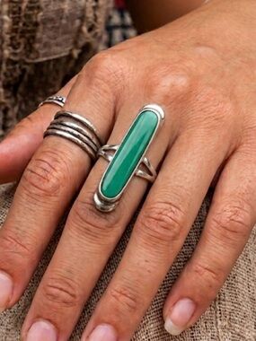 Vintage Sterling Silver Green Onyx Ring Size 7 Modernist Elongated 5g